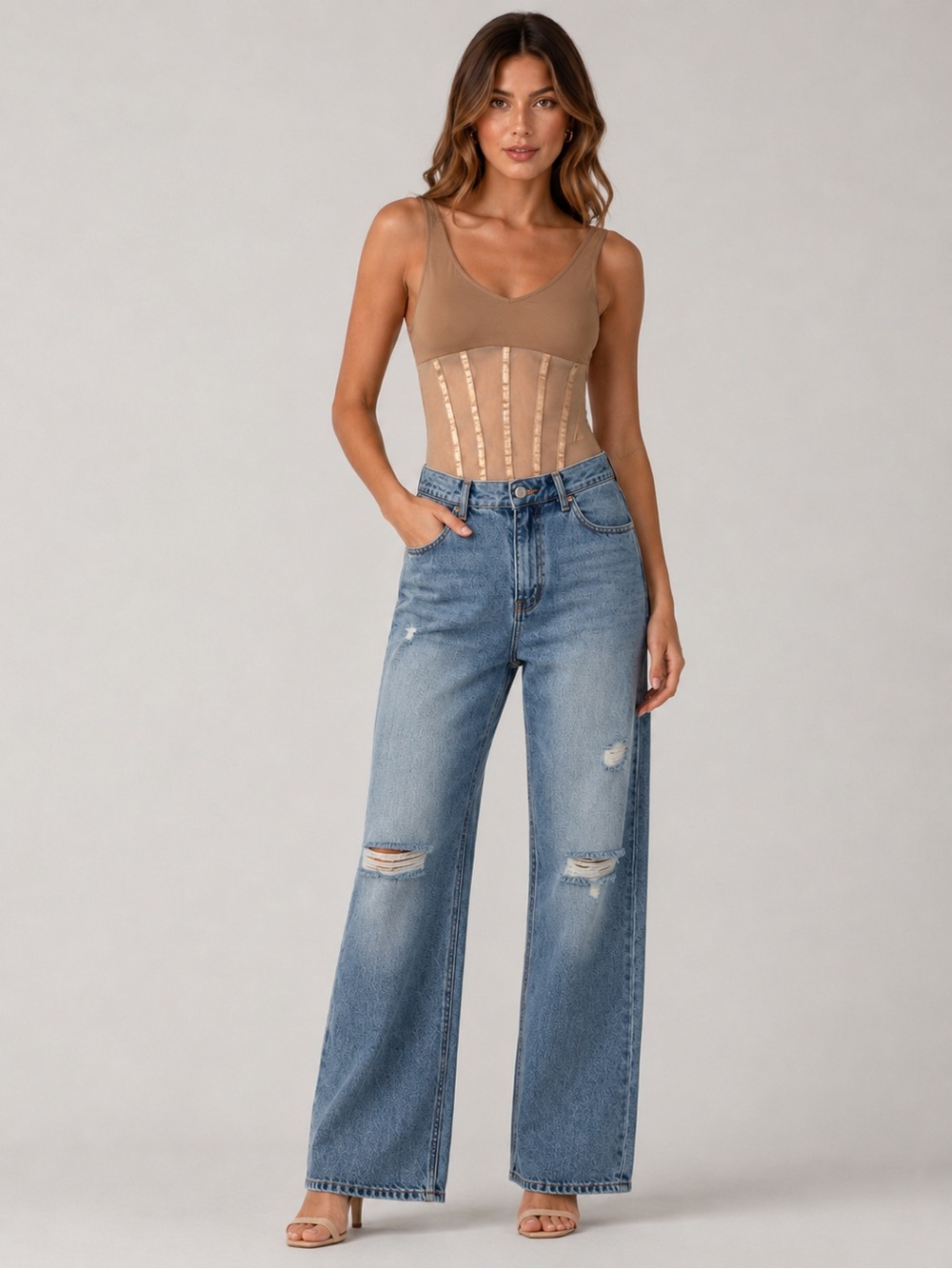 Lulus Nude Mesh Corset Bodysuit Small Thong Back Bustier Date Night Sheer Sexy